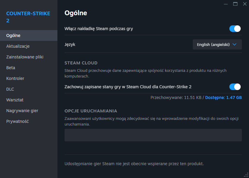 Lokalizacja opcji uruchamiania CS2 w Steam