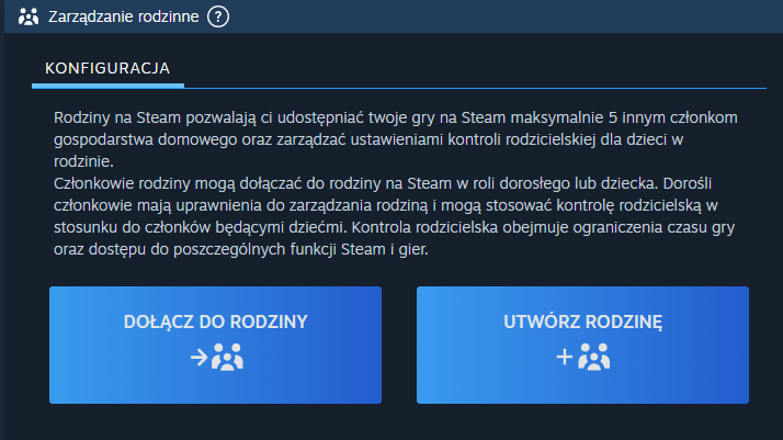 Menu tworzenia i dołączania do rodzin na Steam, w przypadku nie należenia do żadnej