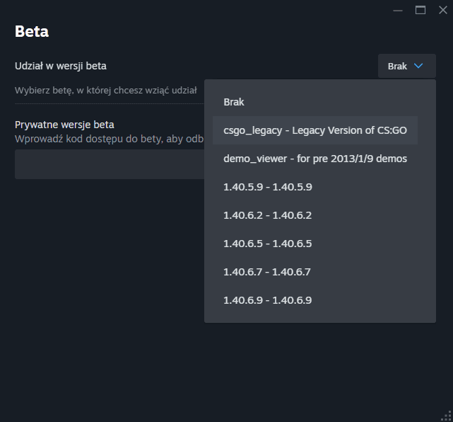 Okno wyboru wersji Beta Do CS2
