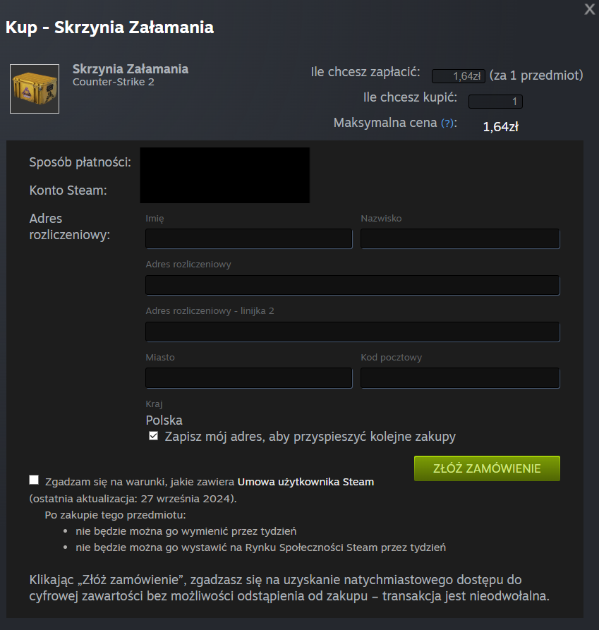 Tak wygląda menu kupowania na steam